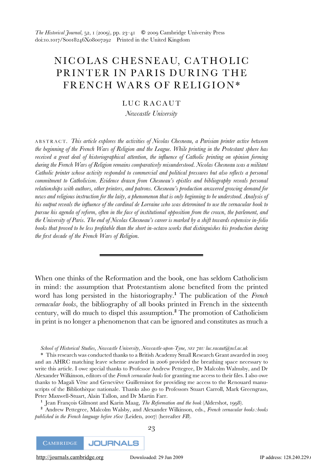 Nicolas Chesneau, Catholic Printer in Paris During the French Wars of Religion*