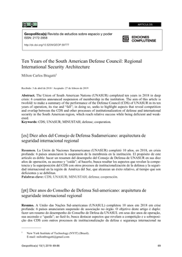 Ten Years of the South American Defense Council: Regional International Security Architecture