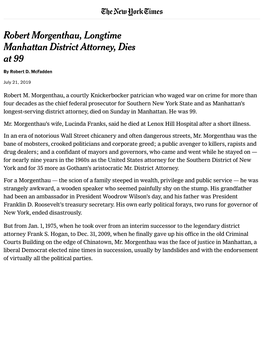 Robert Morgenthau, Longtime Manhattan District Attorney, Dies at 99