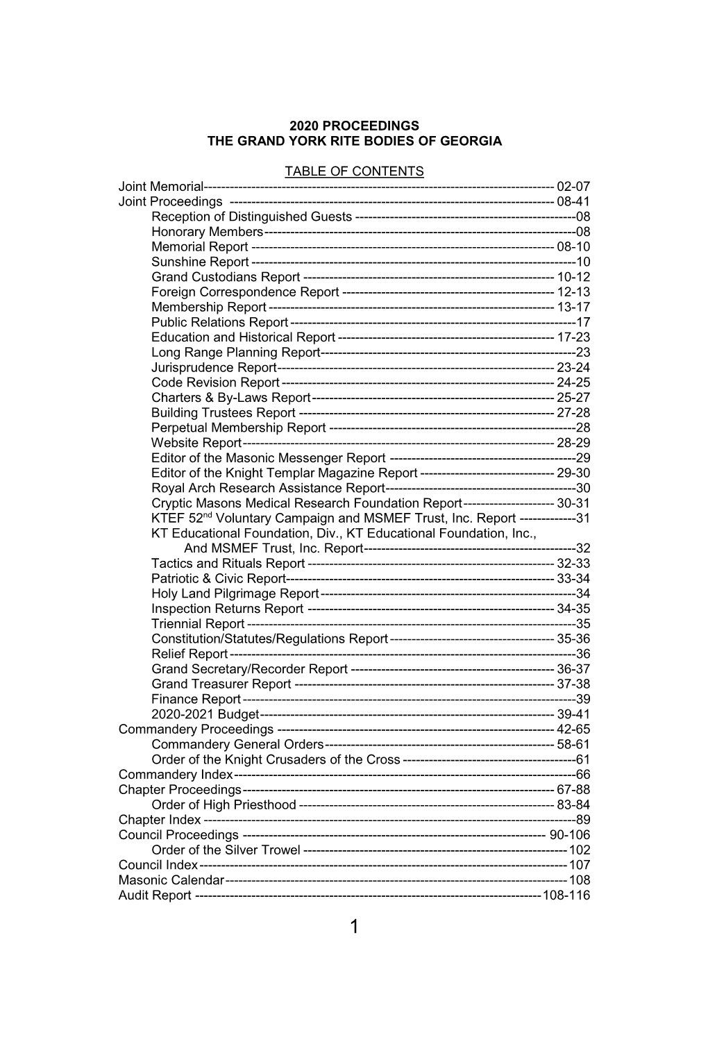 2020 Proceedings the Grand York Rite Bodies of Georgia