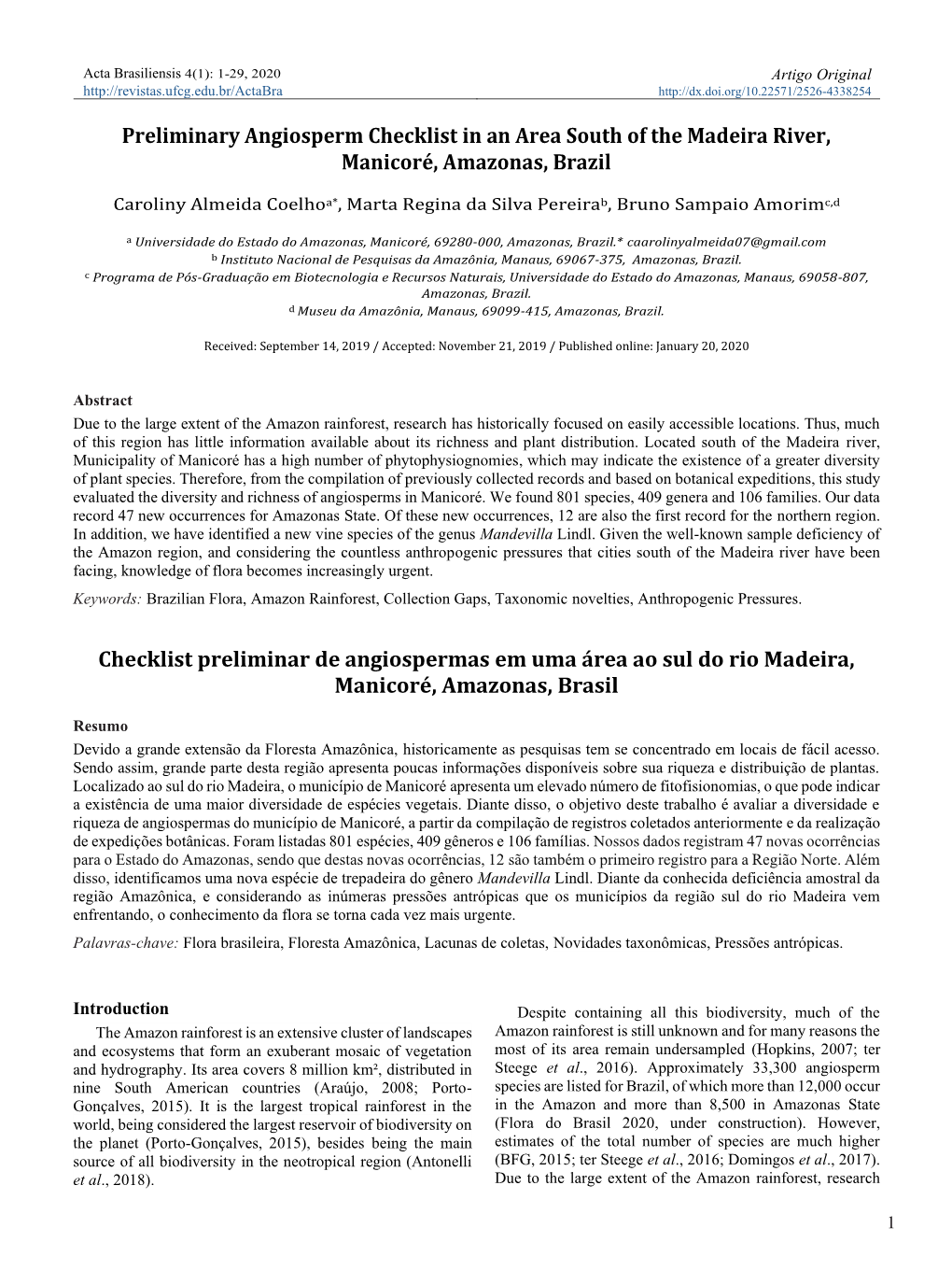 Preliminary Angiosperm Checklist in an Area South of the Madeira River, Manicoré, Amazonas, Brazil