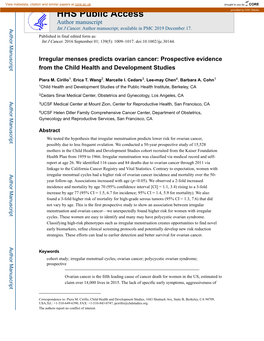 Irregular Menses Predicts Ovarian Cancer: Prospective Evidence from the Child Health and Development Studies