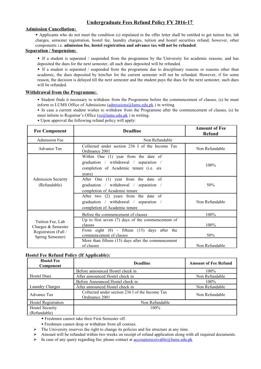 Undergraduate Fees Refund Policy FY 2016-17