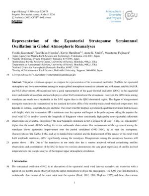 Representation of the Equatorial Stratopause Semiannual Oscillation in Global Atmospheric Reanalyses Yoshio Kawatani1, Toshihiko Hirooka2, Kevin Hamilton3,4, Anne K