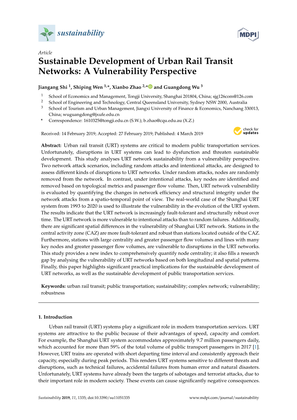 Sustainable Development of Urban Rail Transit Networks: a Vulnerability Perspective