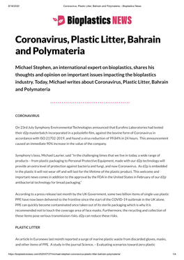 Coronavirus, Plastic Litter, Bahrain and Polymateria – Bioplastics News