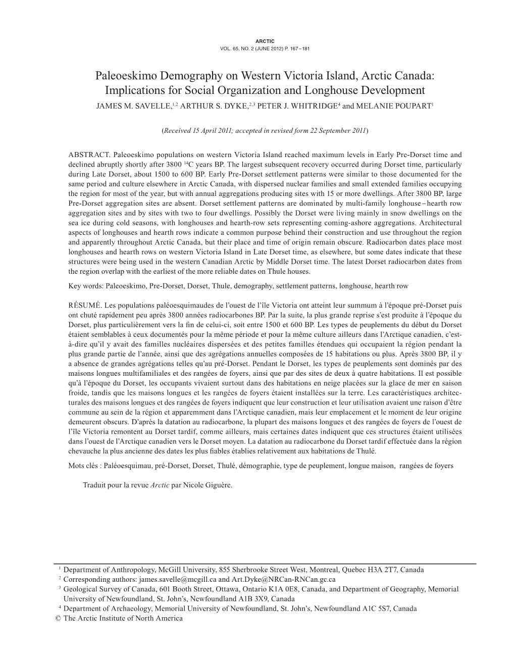 Paleoeskimo Demography on Western Victoria Island, Arctic Canada: Implications for Social Organization and Longhouse Development James M