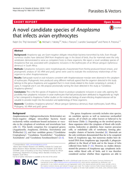 A Novel Candidate Species of Anaplasma That Infects Avian Erythrocytes Ralph Eric Thijl Vanstreels1,2* , Michael J