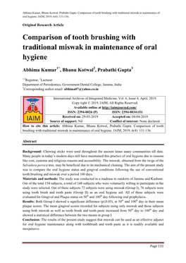 Comparison of Tooth Brushing with Traditional Miswak in Maintenance of Oral Hygiene