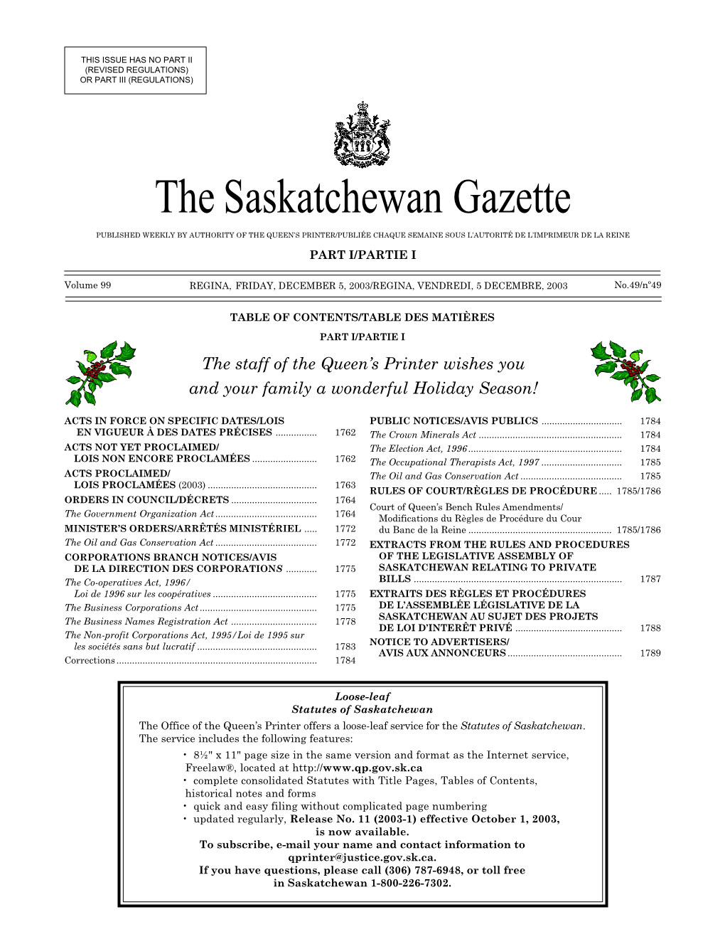 Sask Gazette, Part I, Dec 5, 2003