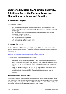 Chapter 14: Maternity, Adoption, Paternity, Additional Paternity, Parental Leave and Shared Parental Leave and Benefits