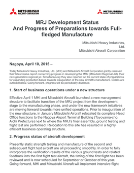 MRJ Development Status and Progress of Preparations Towards Full- Fledged Manufacture