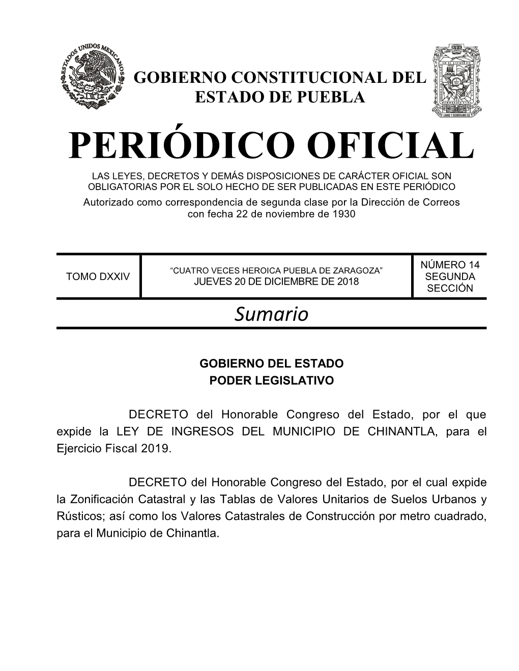 LEY DE INGRESOS DEL MUNICIPIO DE CHINANTLA, Para El Ejercicio Fiscal 2019