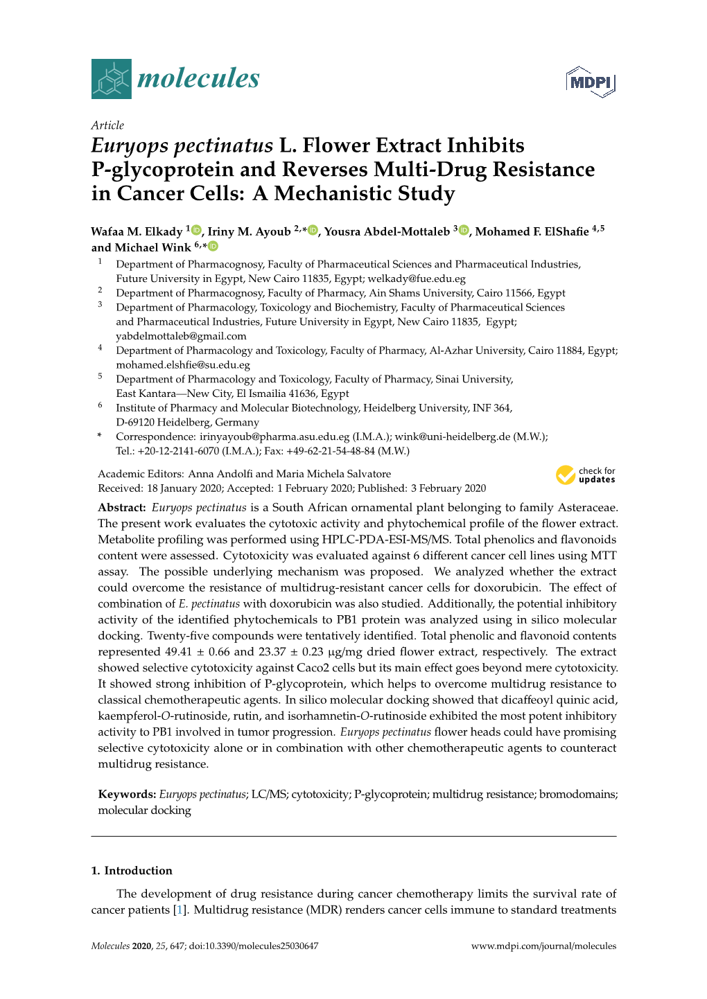 Euryops Pectinatus L. Flower Extract Inhibits P-Glycoprotein and Reverses Multi-Drug Resistance in Cancer Cells: a Mechanistic Study