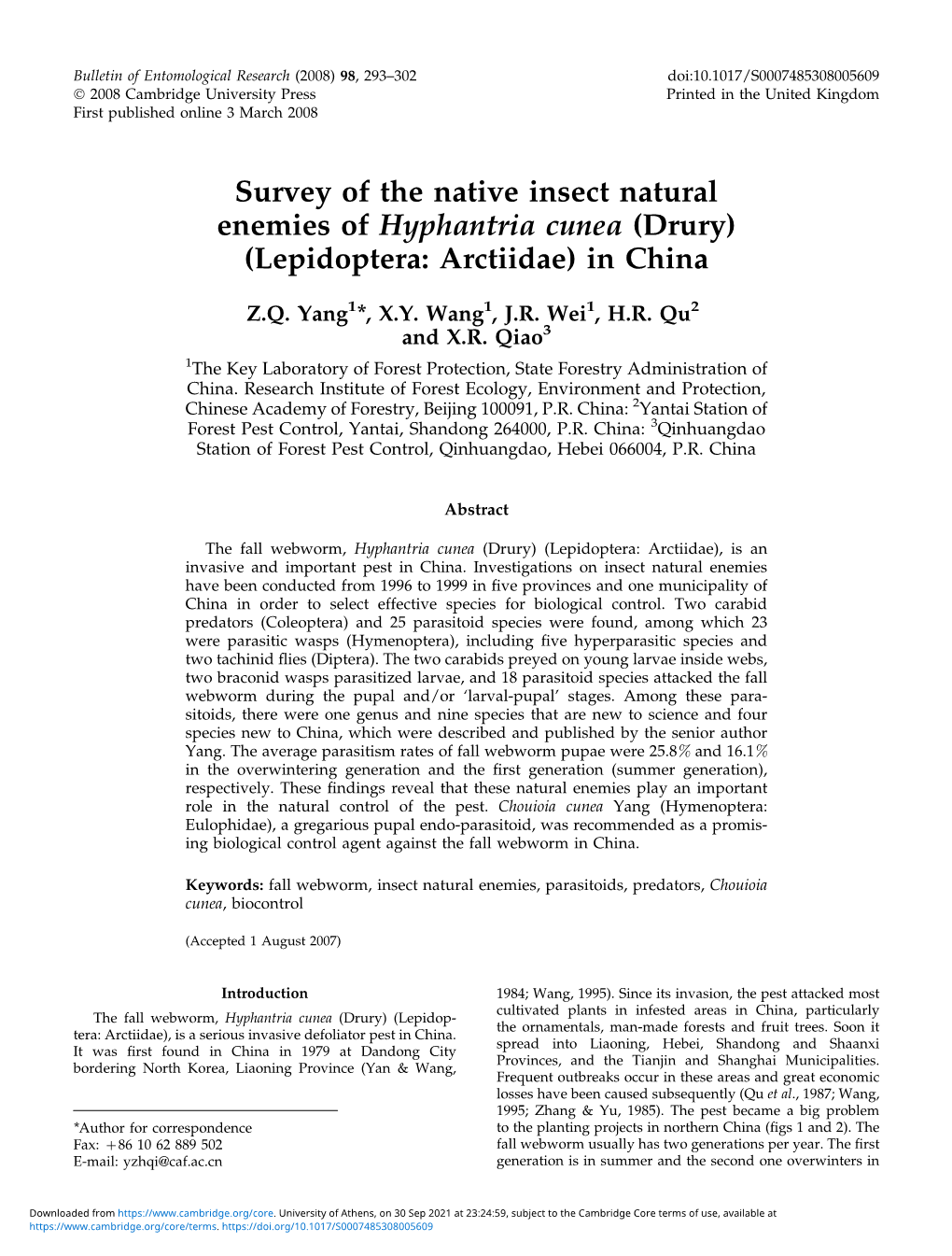 Survey of the Native Insect Natural Enemies of Hyphantria Cunea (Drury) (Lepidoptera: Arctiidae) in China