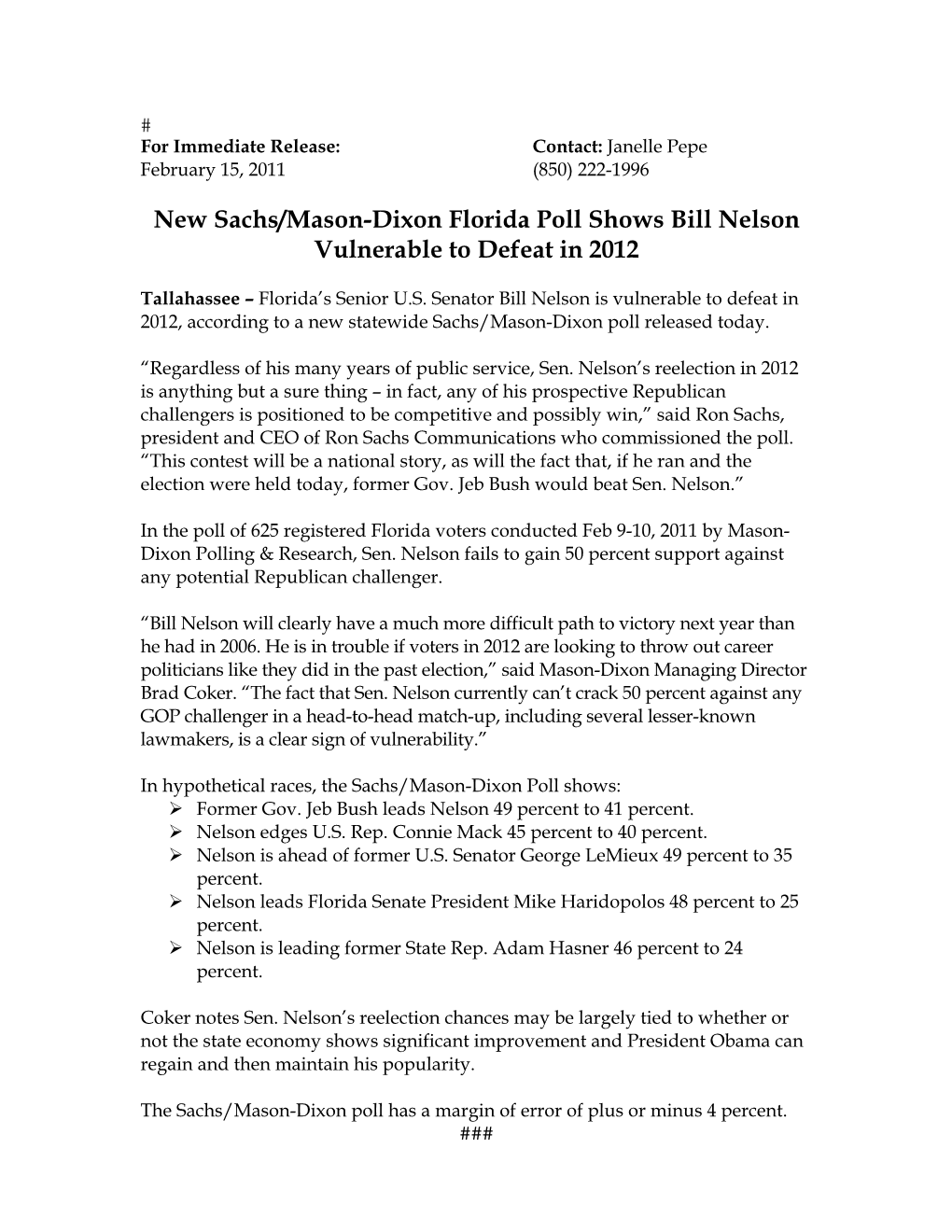 New Sachs/Mason-Dixon Florida Poll Shows Bill Nelson Vulnerable to Defeat in 2012