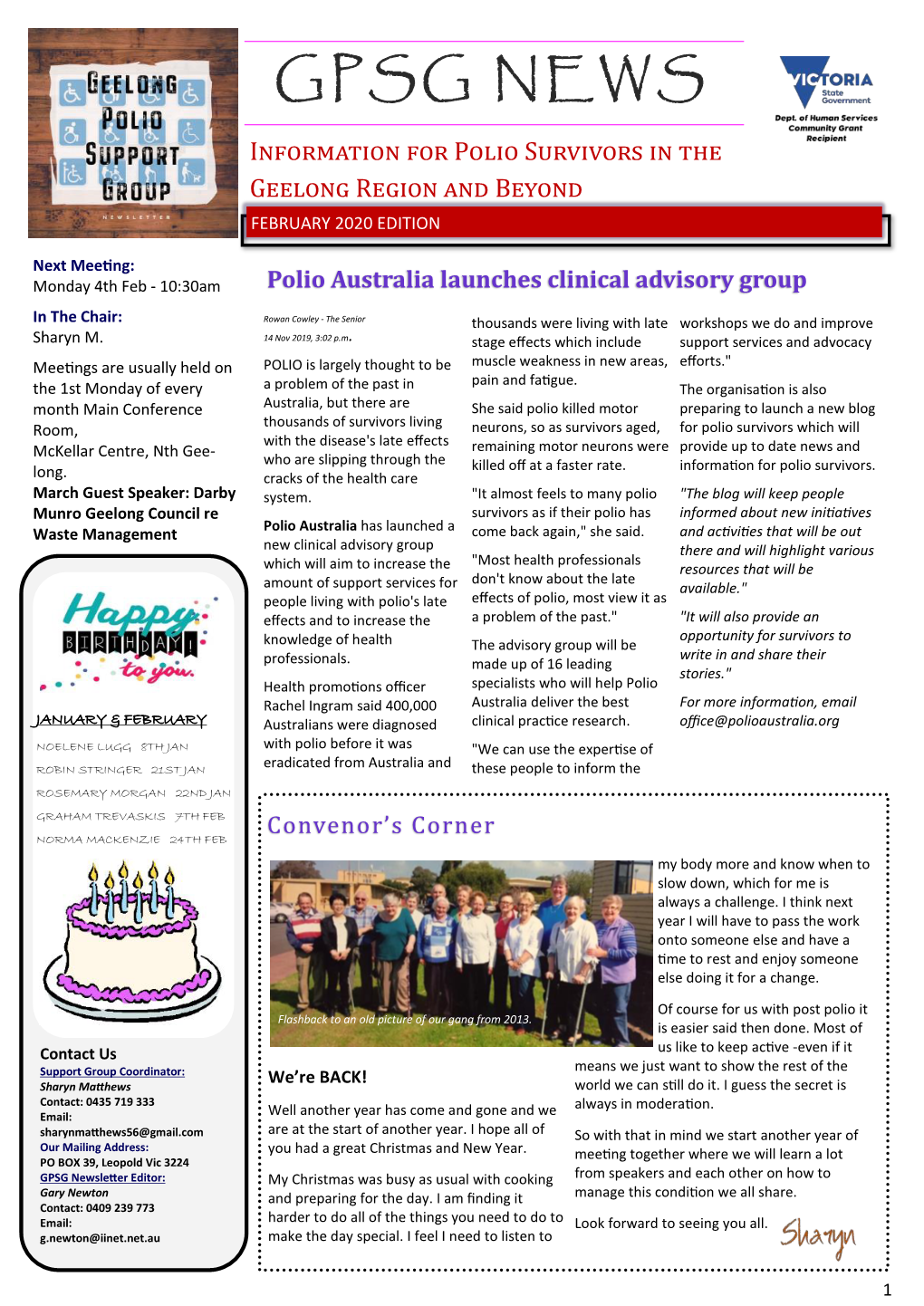 GPSG NEWS Information for Polio Survivors in the Geelong Region and Beyond FEBRUARY 2020 EDITION