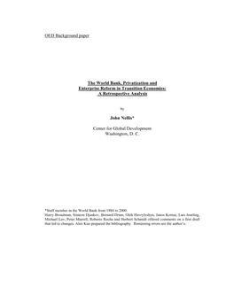 OED Background Paper the World Bank, Privatization and Enterprise