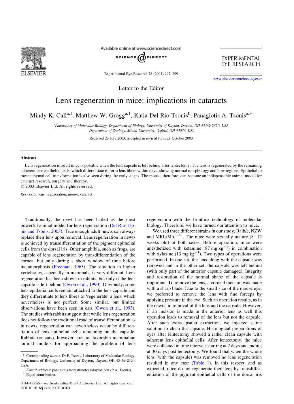 Lens Regeneration in Mice: Implications in Cataracts