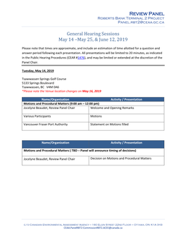 General Hearing Sessions May 14 –May 25, & June 12, 2019