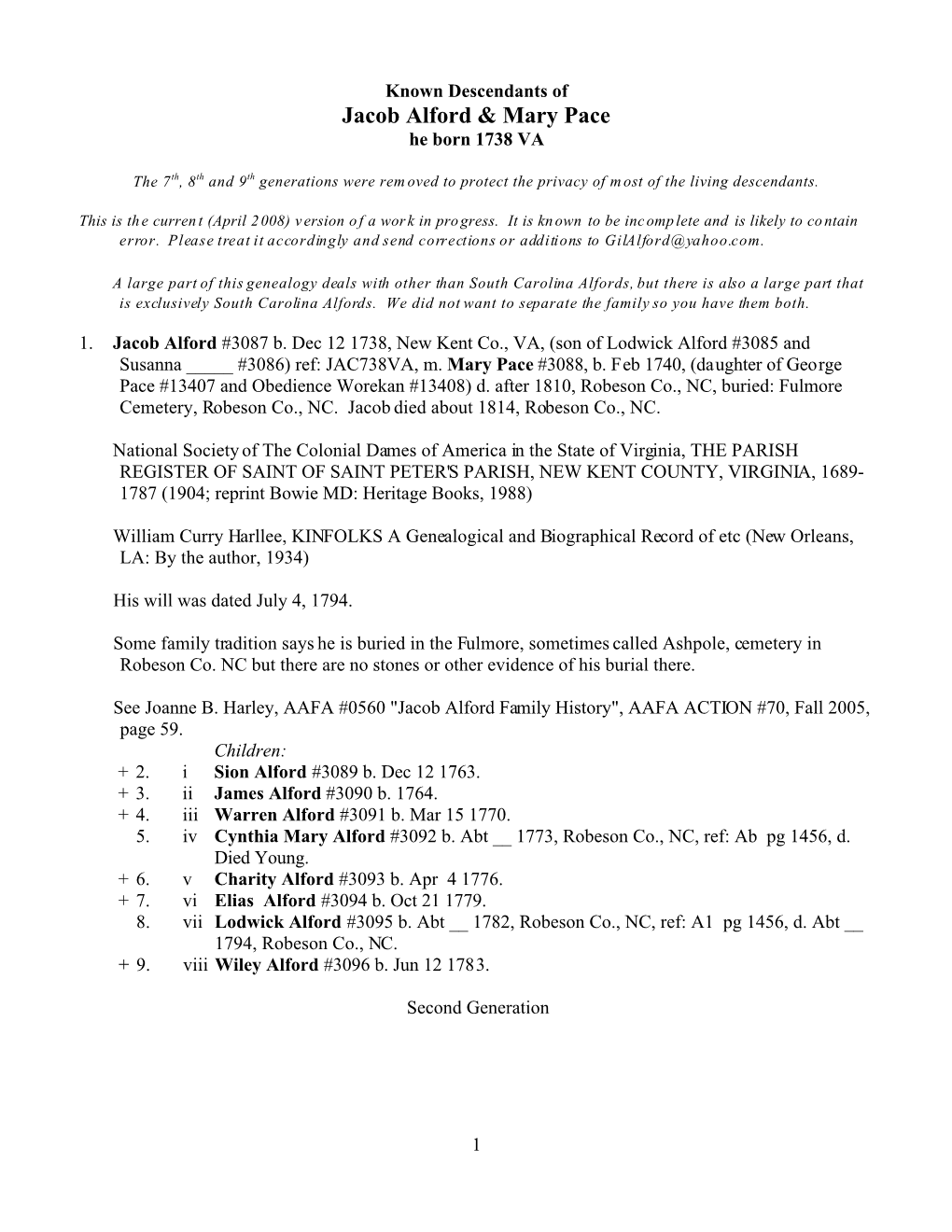 Known Descendants of Jacob Alford, Born 1738 VA, & Mary Pace