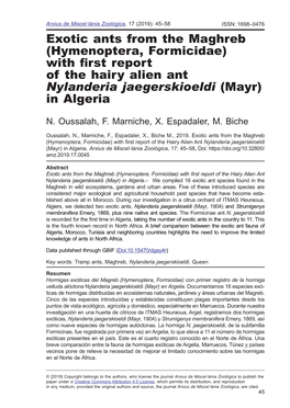 With First Report of the Hairy Alien Ant Nylanderia Jaegerskioeldi (Mayr) in Algeria