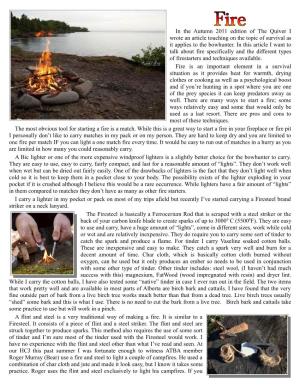In the Autumn 2011 Edition of the Quiver I Wrote an Article Touching on the Topic of Survival As It Applies to the Bowhunter