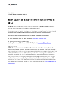 Titan Quest Coming to Console Platforms in 2018