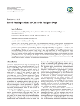 Review Article Breed-Predispositions to Cancer in Pedigree Dogs