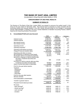 THE BANK of EAST ASIA, LIMITED (Incorporated in Hong Kong with Limited Liability in 1918) ANNOUNCEMENT of 2002 FINAL RESULTS SUMMARY of RESULTS