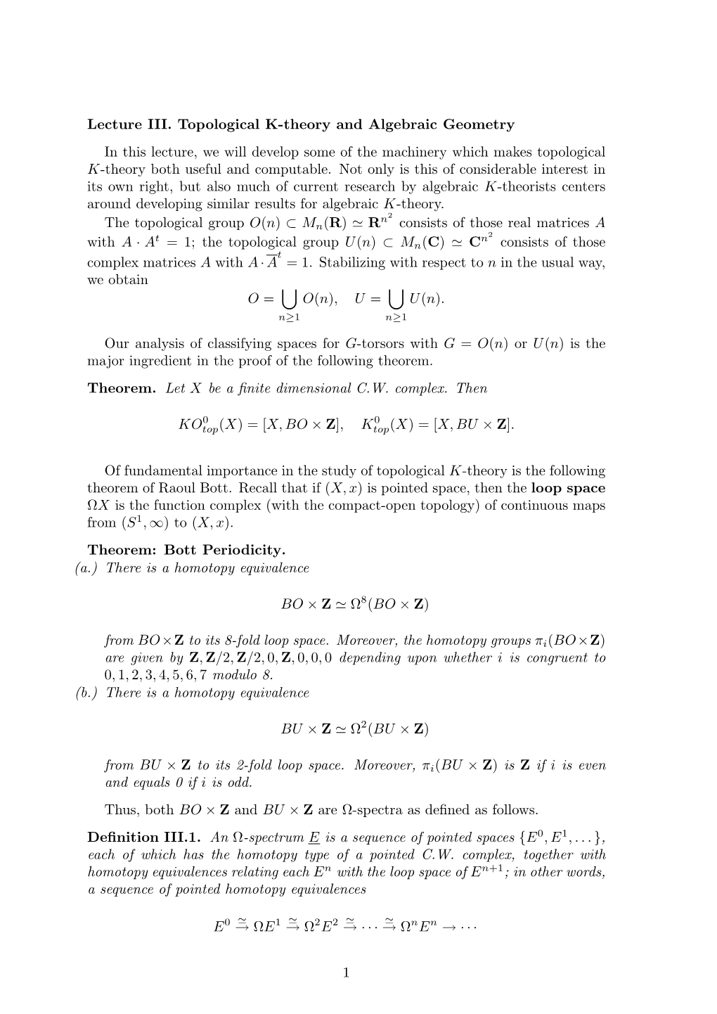 Lecture III. Topological K-Theory and Algebraic Geometry in This Lecture