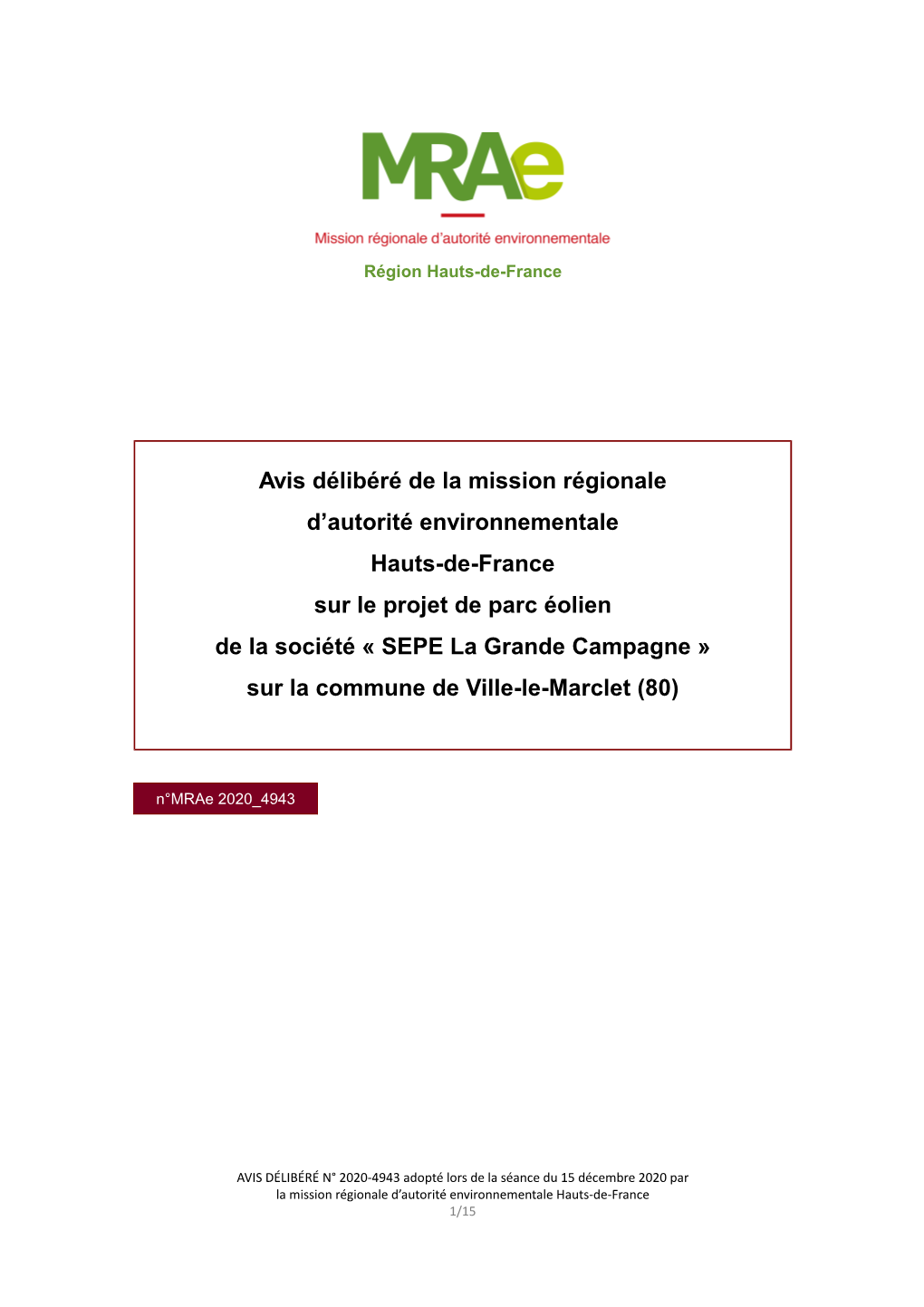 Avis Délibéré De La Mission Régionale D'autorité Environnementale Hauts