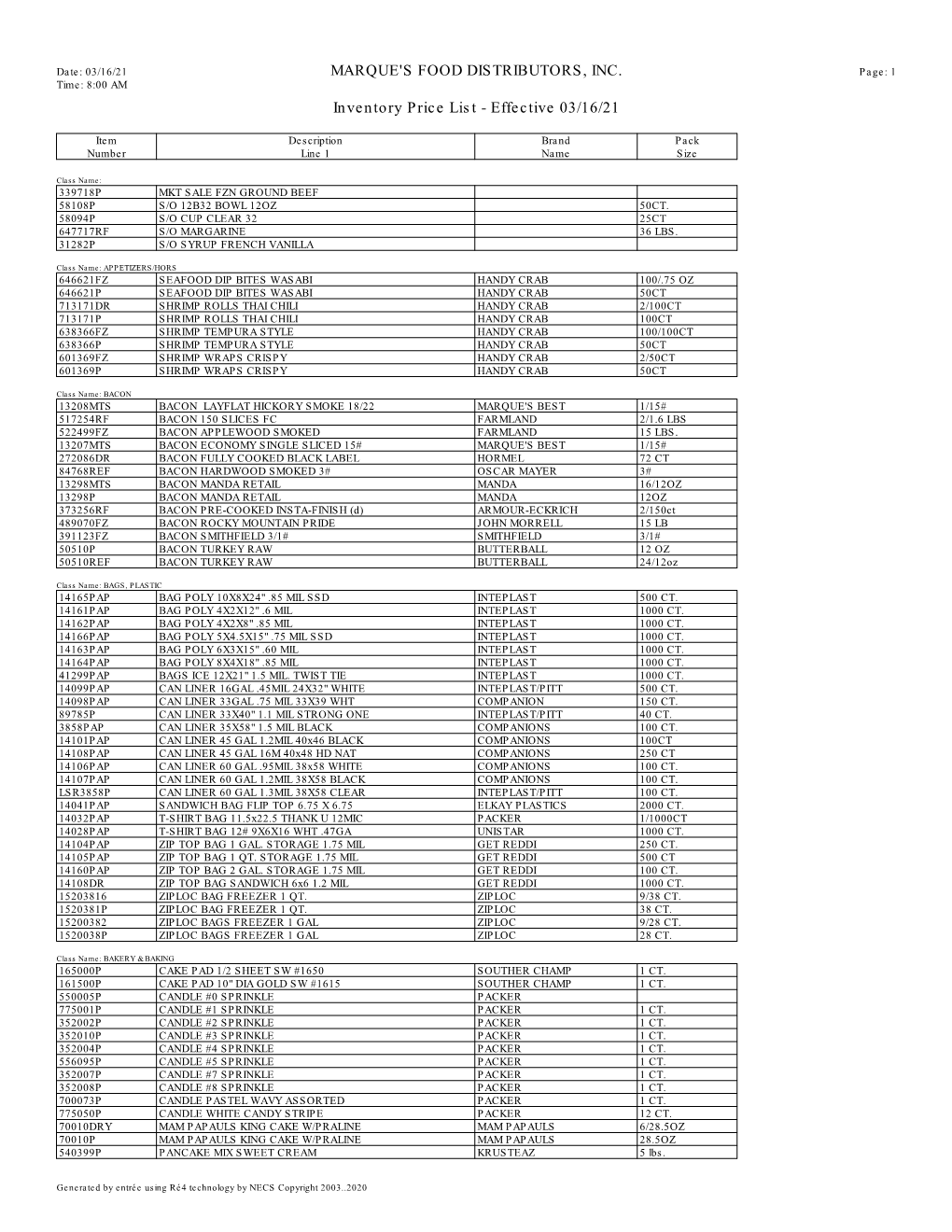 MARQUE's FOOD DISTRIBUTORS, INC. Inventory Price List