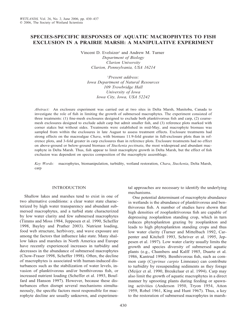 Species-Specific Responses of Aquatic Macrophytes to Fish Exclusion in a Prairie Marsh: a Manipulative Experiment