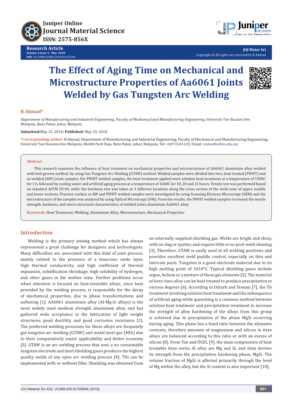 The Effect of Aging Time on Mechanical and Microstructure Properties of Aa6061 Joints Welded by Gas Tungsten Arc Welding