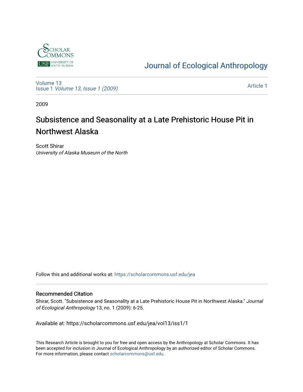 Subsistence and Seasonality at a Late Prehistoric House Pit in Northwest Alaska