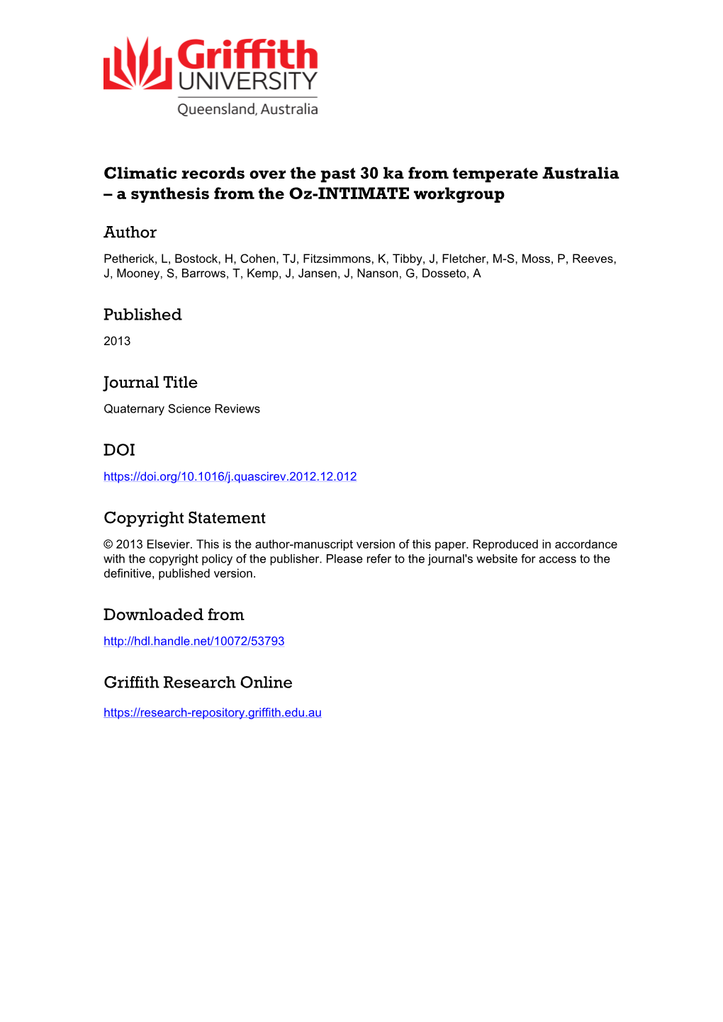 Climatic Records Over the Past 30 Ky from Temperate Australia – a Synthesis from the Oz