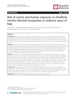 Risk of Canine and Human Exposure to Dirofilaria Immitis Infected