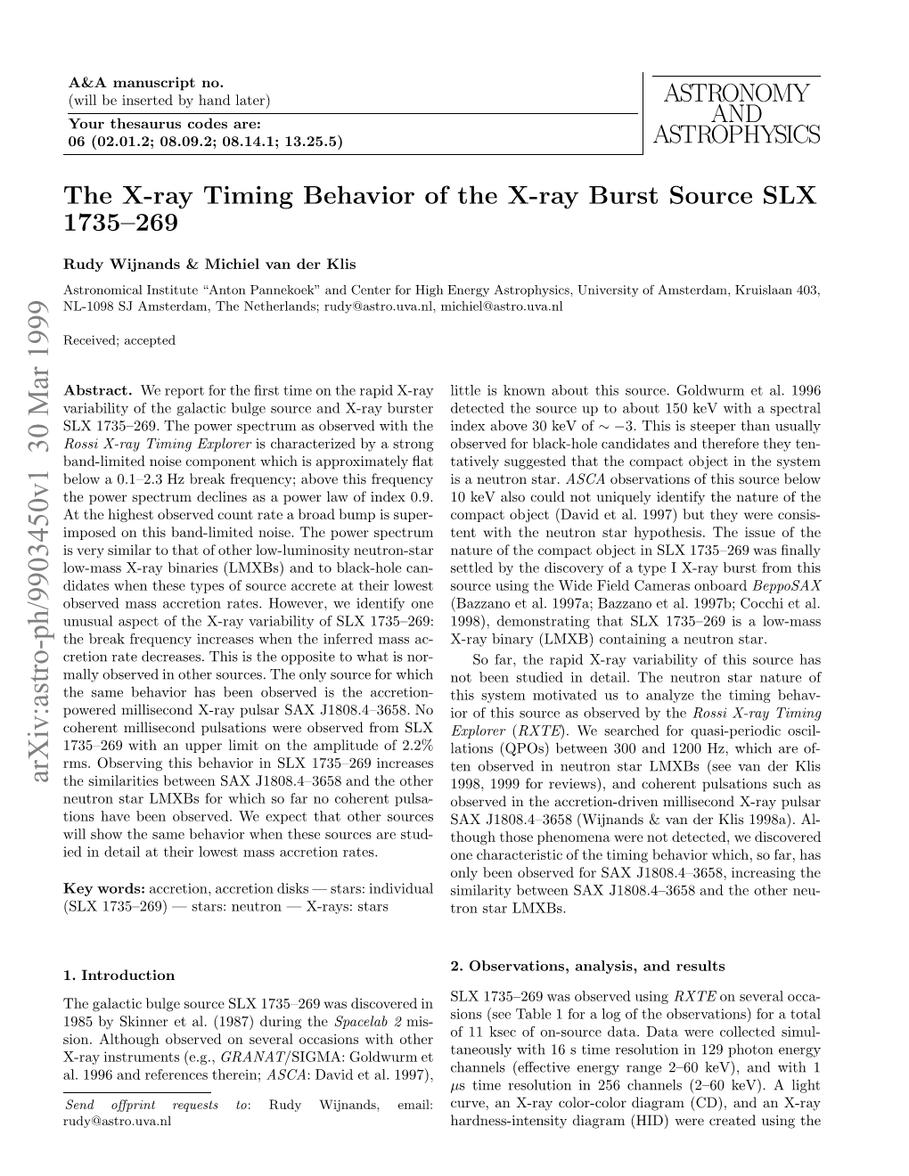 The X-Ray Timing Behavior of the X-Ray Burst Source SLX 1735-269
