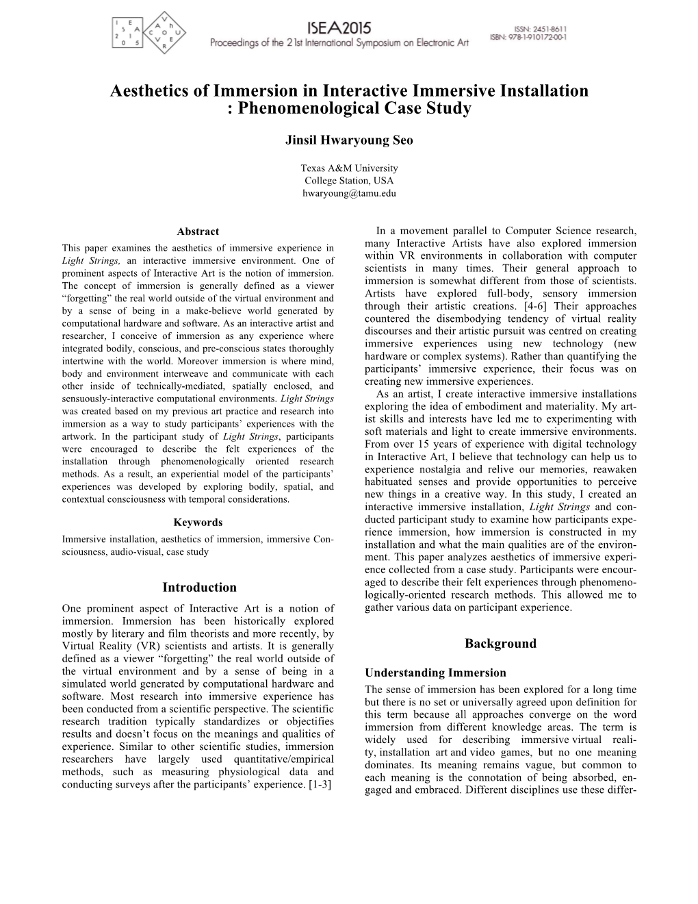 Aesthetics of Immersion in Interactive Immersive Installation : Phenomenological Case Study