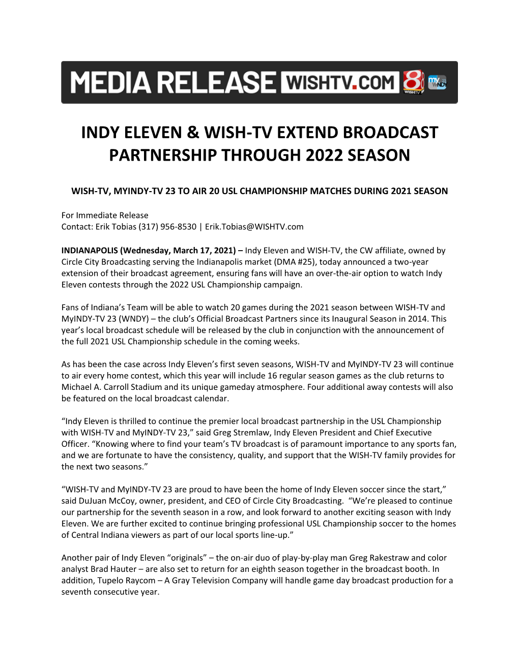 Indy Eleven & Wish-Tv Extend Broadcast Partnership