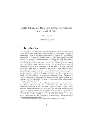 Barry Simon and the János Bolyai International Mathematical Prize