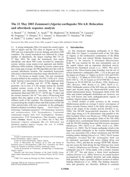 The 21 May 2003 Zemmouri (Algeria) Earthquake Mw 6.8: Relocation and Aftershock Sequence Analysis A