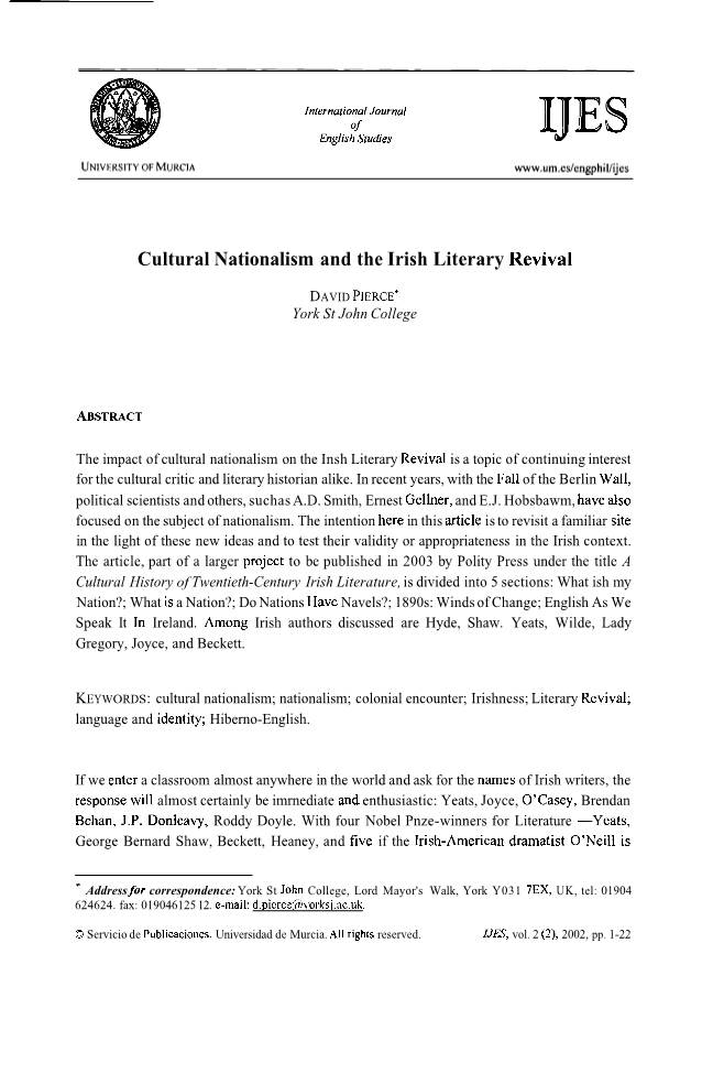 Cultural Nationalism and the Irish Literary Revival