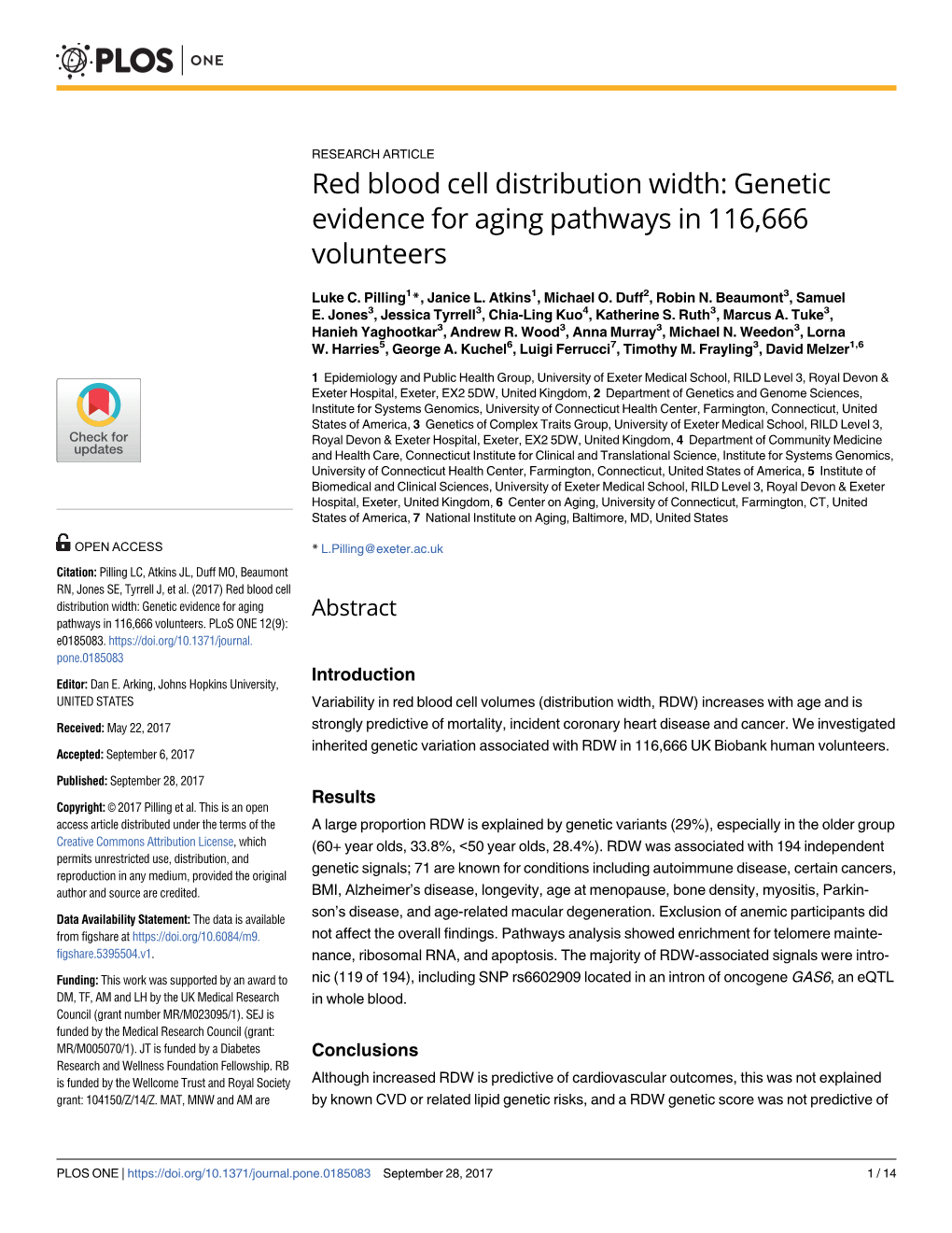 Red Blood Cell Distribution Width: Genetic Evidence for Aging Pathways in 116,666 Volunteers