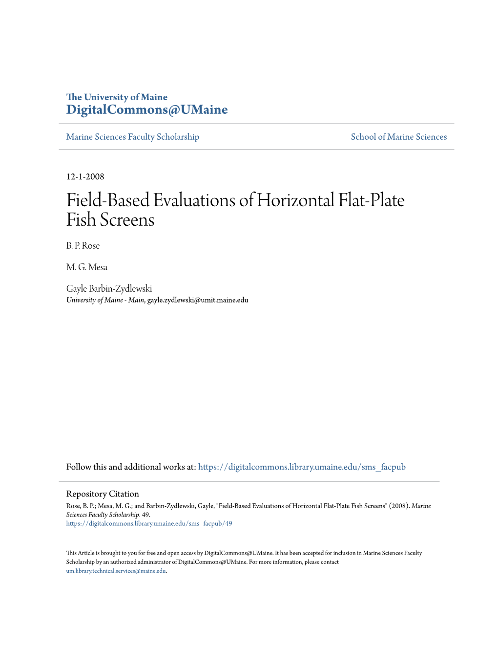 Field-Based Evaluations of Horizontal Flat-Plate Fish Screens B