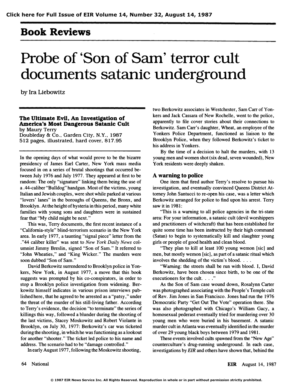 Probe of 'Son of Sam' Terror Cult Documents Satanic Underground