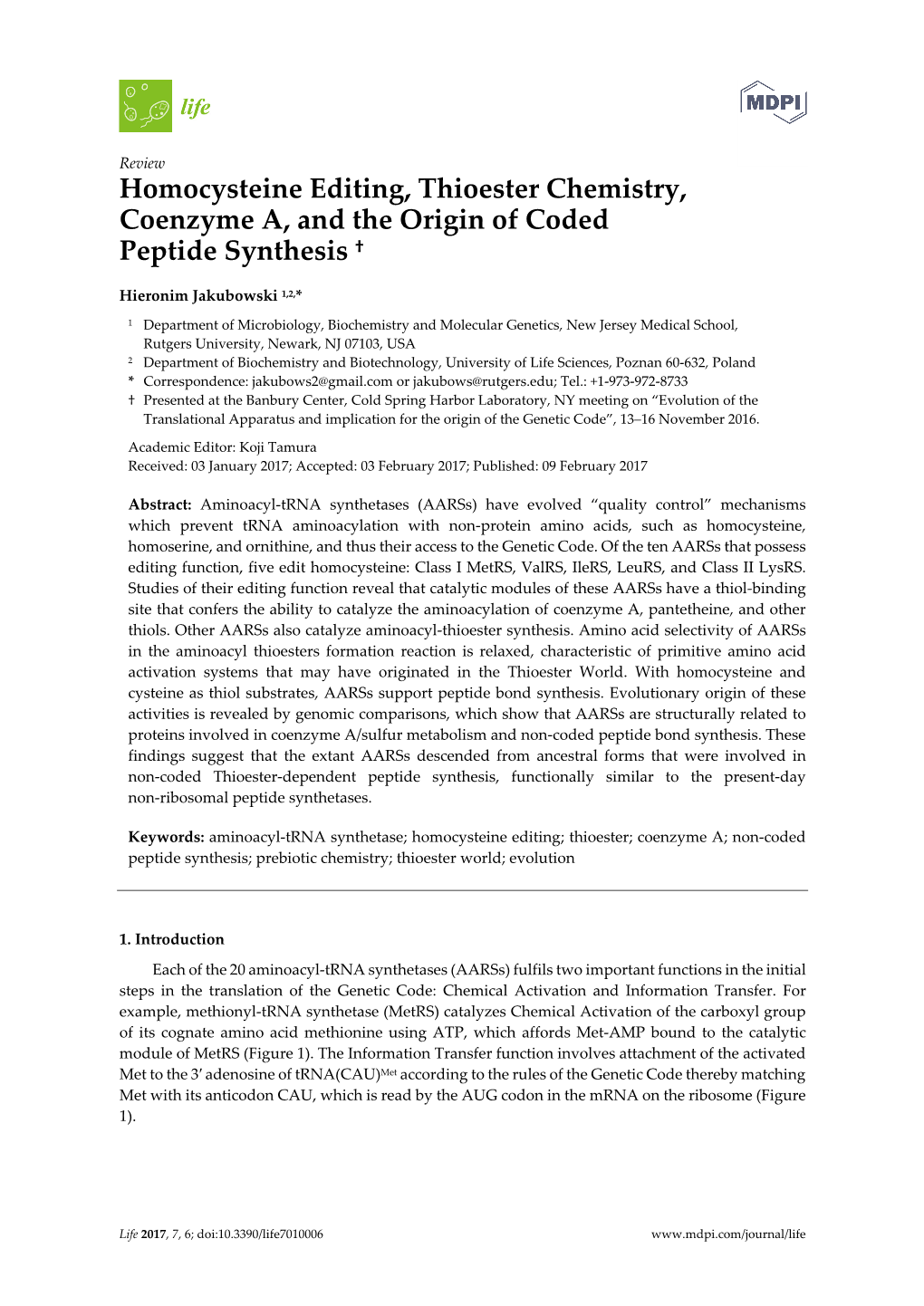 Homocysteine Editing, Thioester Chemistry, Coenzyme A, and the Origin of Coded Peptide Synthesis †