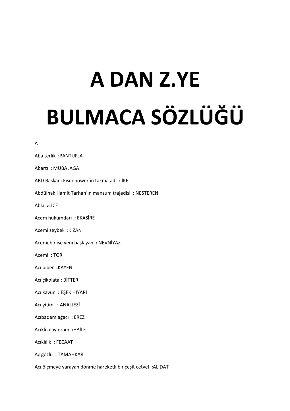 A Dan Z.Ye Bulmaca Sözlüğü