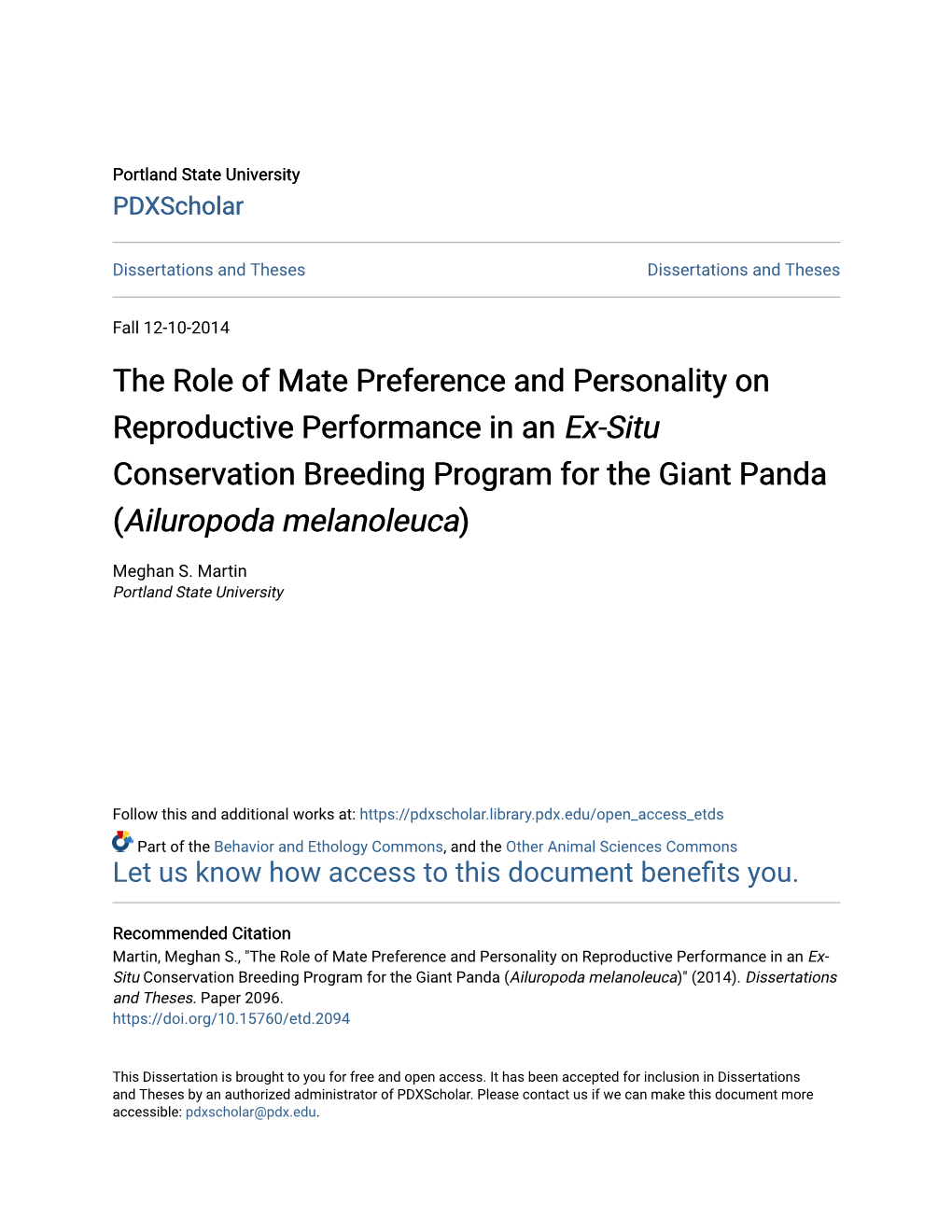 The Role of Mate Preference and Personality on Reproductive Performance in an Ex-Situ Conservation Breeding Program for the Giant Panda (Ailuropoda Melanoleuca)